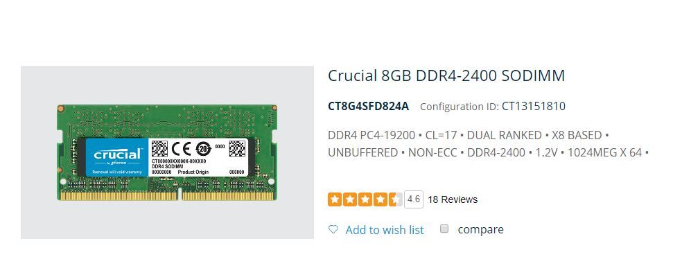 RAM Crucial 8GB Single DDR4 2400 (PC4-19200) DR x8 SODIMM 260-Pin Memory - CT8G4SFD824A.JPG