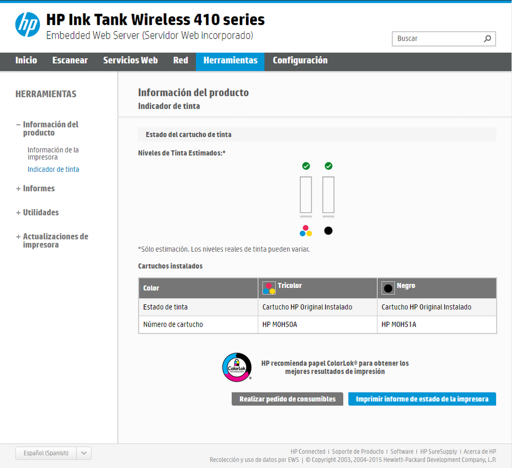 HP Ink Tank Inalámbrica 410 muestra Niveles de Tin... - Comunidad de  Soporte HP - 1082430